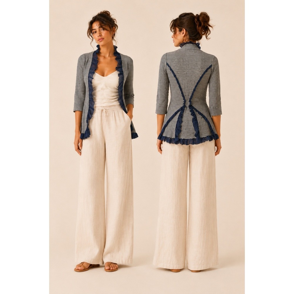 Guinevere Anthropologie Womens Cardigan S Navy White Striped Ruffle Romantic